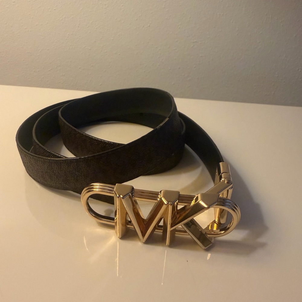 Michael Kors Signature Brown and Black Leather Belt with Gold MK Logo Buckle L